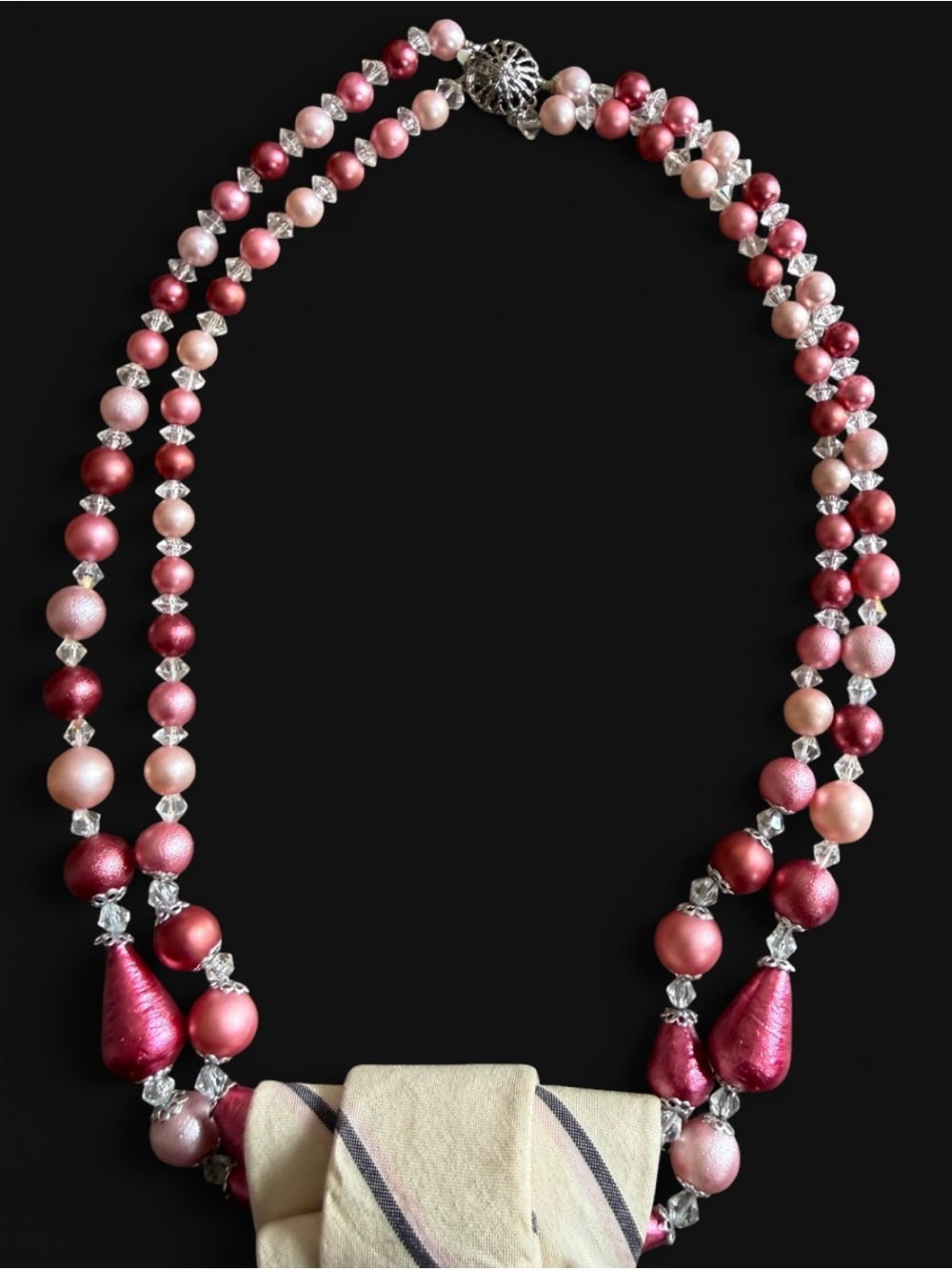 Hand Crafted Cream Vintage NeckTie Necklace Pink Pearl Accents Academic Preppy - Picture 7 of 7
